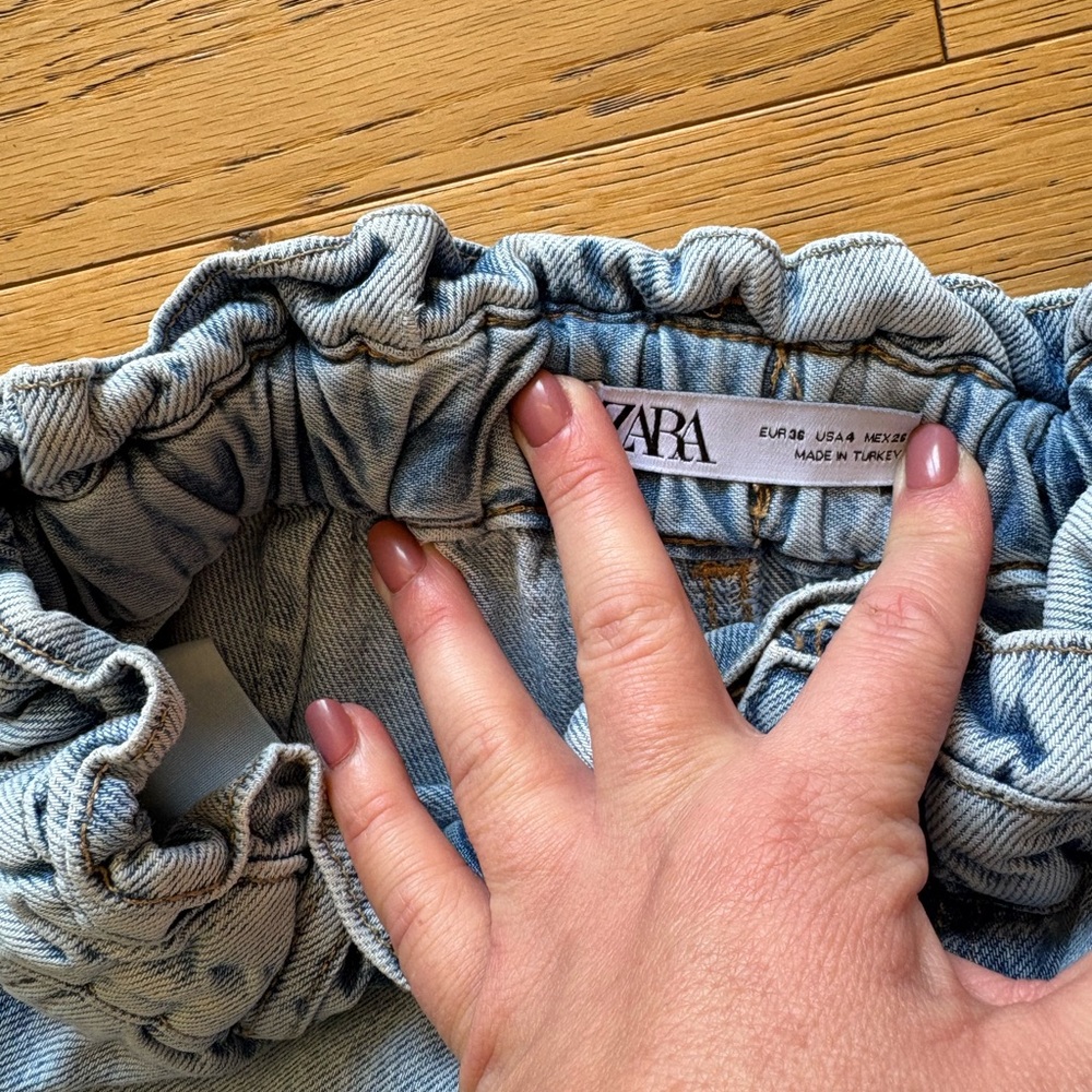 Zara Pale Blue Paperbag Waist Denim Skirt